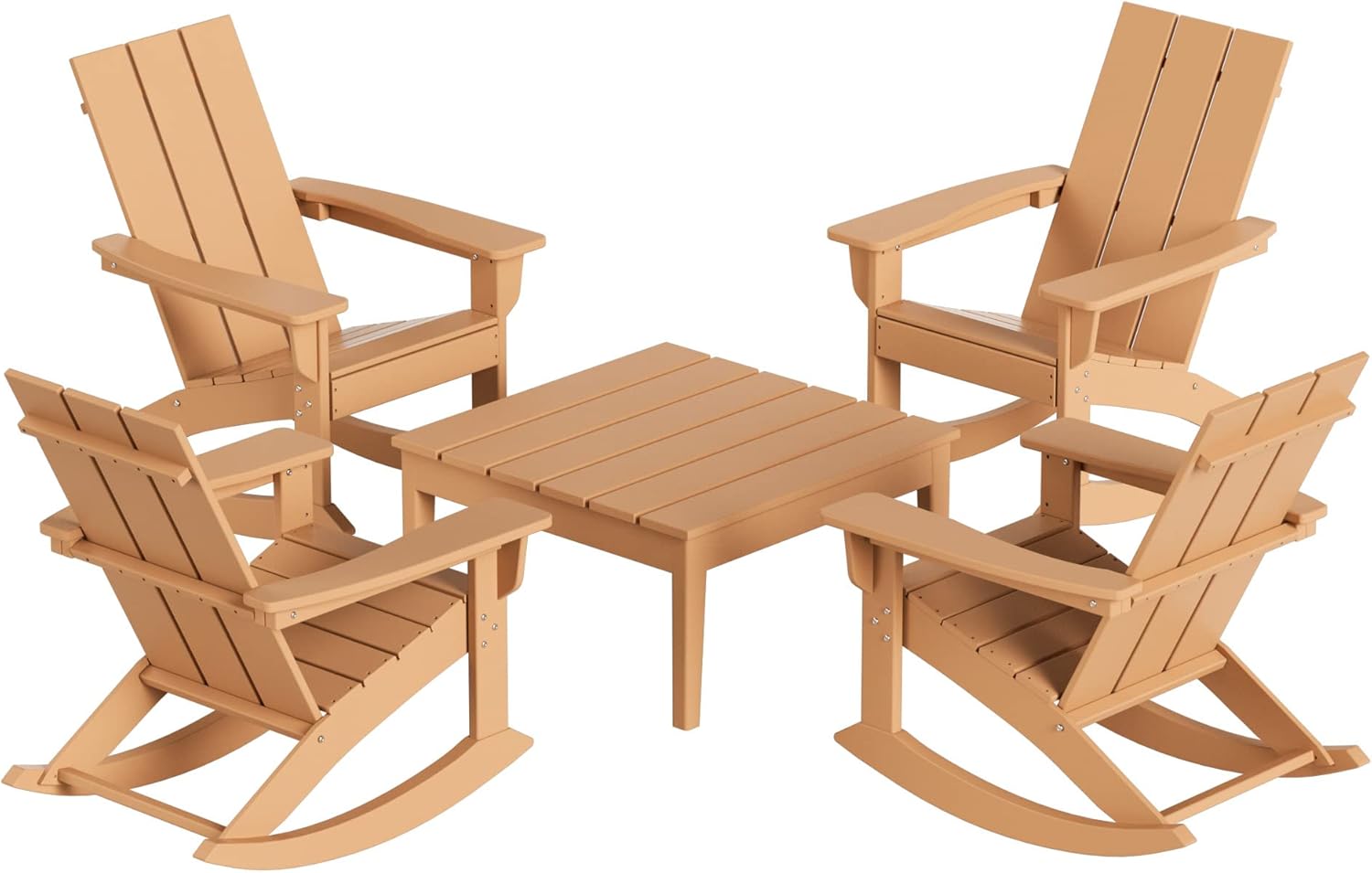 WO Home Furniture Patio Rocking Chair Modern 5 PCS HDPE Outdoor Rocking Furniture Set, Teak