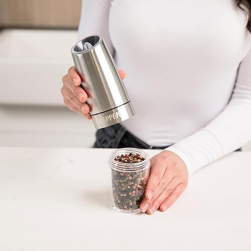 Miniatura 5 de Juego automático de molinillo de sal y pimienta (2 piezas). Operación con una sola mano, grosor ajustable, luz LED azul, funciona con pilas,