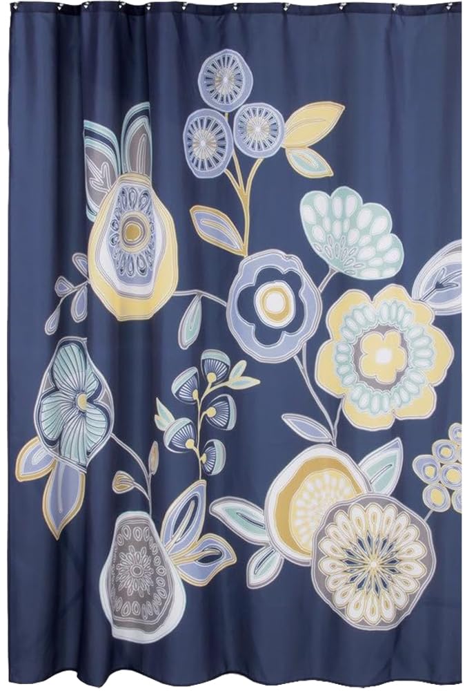 Rideau de douche en tissu iDesign bleu pour éviter l'eau au sol et décorer la baignoire