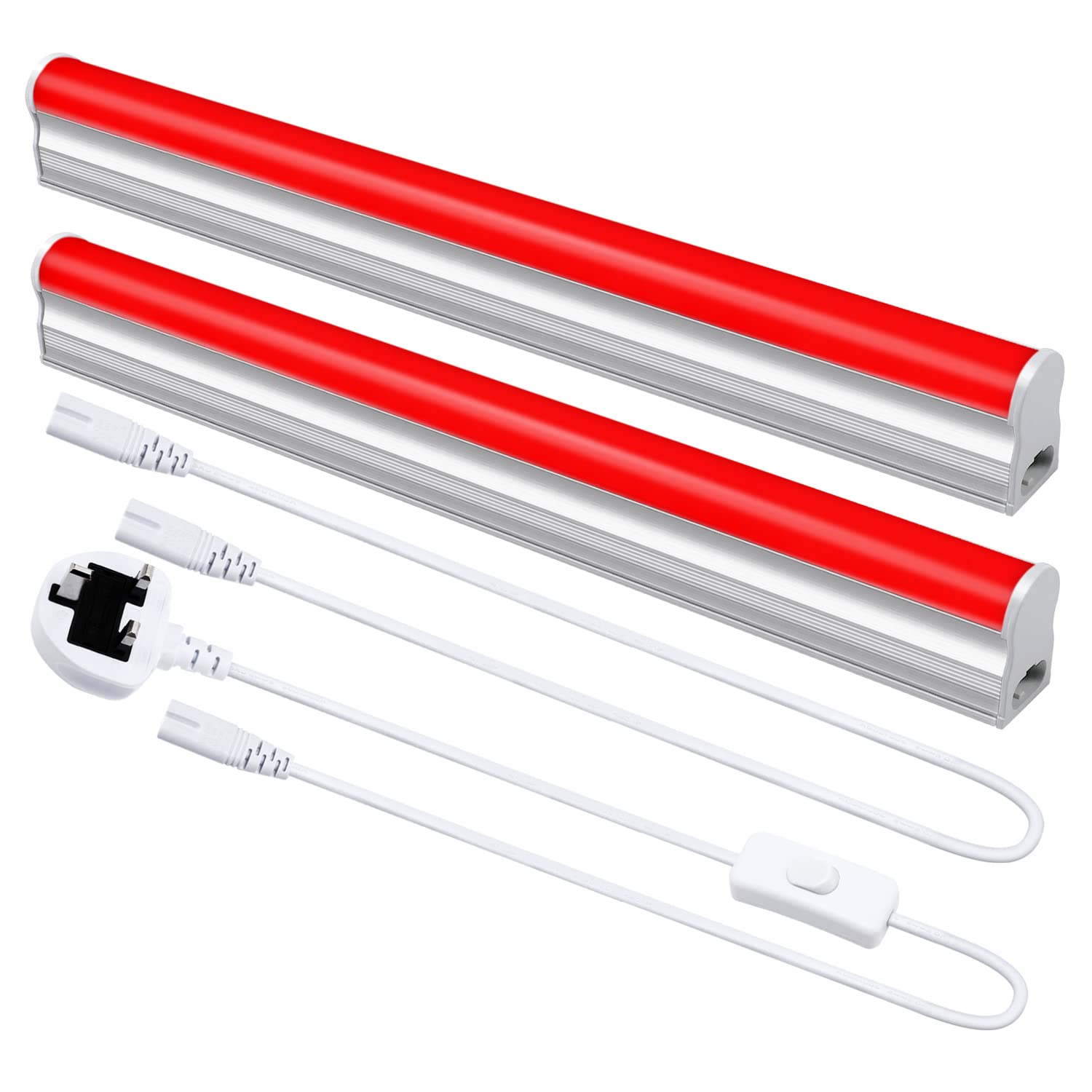 T5 LED Integrated Light Fixture, 6W 30CM Red Tube Light Bar with ON/Off Switch UK Power Plug, Display Cabinet Lamp for Kitchen/Under Cabinet/Ceiling/KTV/Shop 2-Pack (Red)
