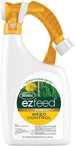 Scotts EZ Feed Plus Control de malezas uso en césped del norte y del sur, fertiliza, mata el trébol, el diente de león, hiedra molida, 32 onzas.