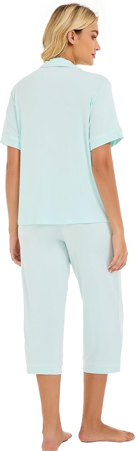 LUBOT Womens Bamboo Viscose Pajamas Super Buttery Soft 2 Piece PJ Set Button Capri Pants Long Short Sleeve Sleepwear Set - Image 6