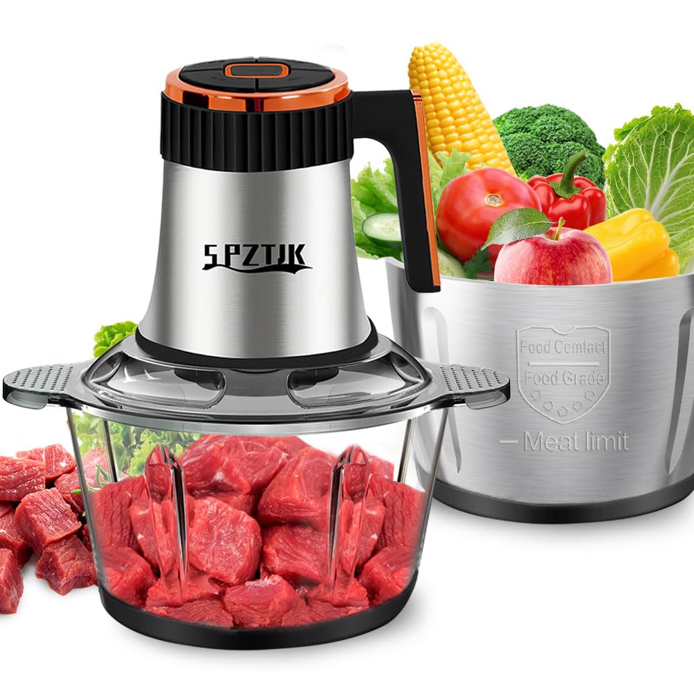 Food Processor, 5-Speed Electric Food Chopper with Vegetable Chopper & Meat Grinder - 2 Bowls (8 Cup Stainless Steel+8 Cup Glass), 300W, 2 Sets of 4 Bi-Level Blades for Vegetable/Fruits/Meat
