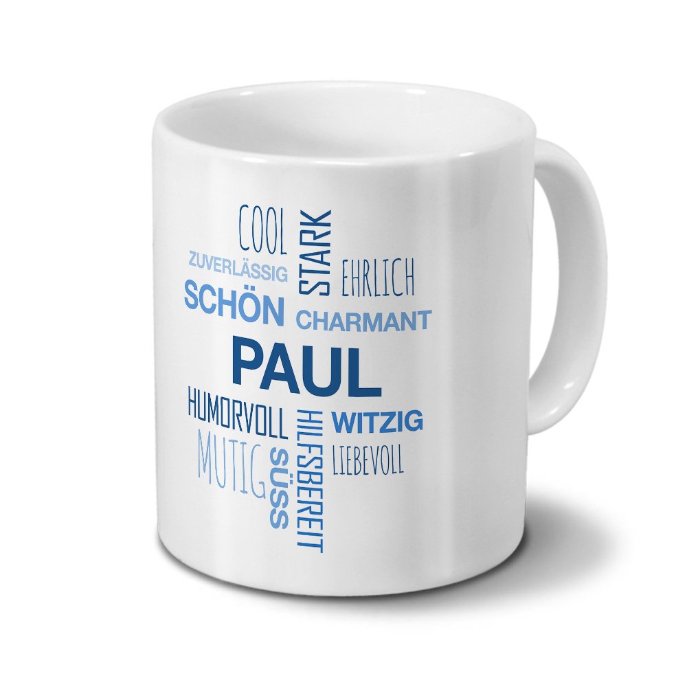 Printplanet Namenstasse Paul – Blaue Tagcloud Mit Positiven Eigenschaften, 325 Ml, Spülmaschinenfest