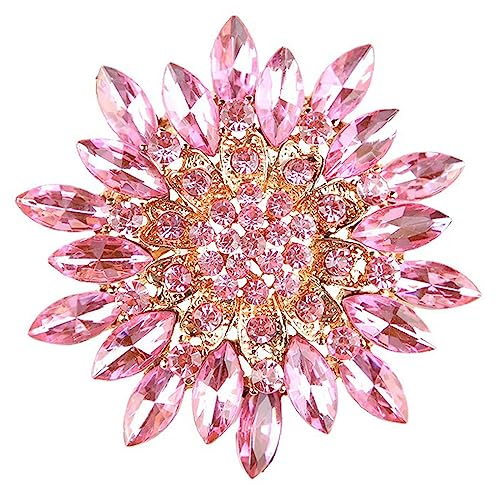 Rhinestone Large Flower Brooches Pins for Women Fashion Sparkly Crystal Sunflower Statement Brooch Wedding Party Suit Dress Formal Jewelry Accessories (pink)