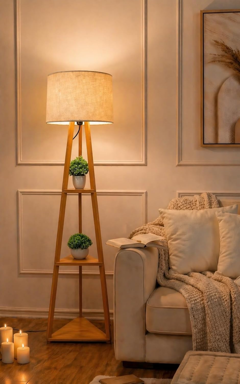 Wooden Tripod Floor Lamp with 3 Shelves Modern Standing Lamp with Fabric Shade Decorative Shelf Floor Lamp for Living Room Bedroom & Home Décor Modern Standing Lamp for Living Room,Bedroom-image-22