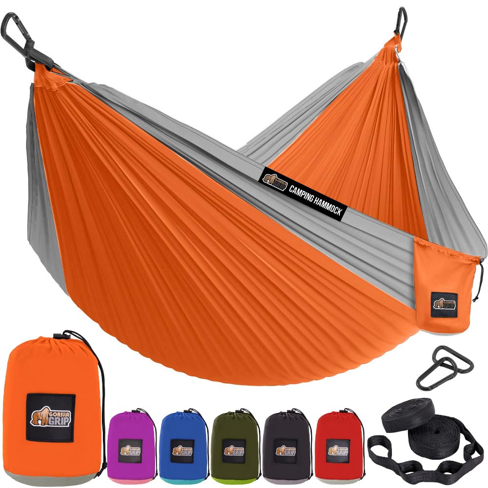Durable Camping Hammock with Heavy Duty Tree Straps, Portable Hammocks for Outside, Easy to Use Travel Swing Chair, Outdoor Camper Hiker Essentials, Backpacking Gear Gifts, Double, Orange