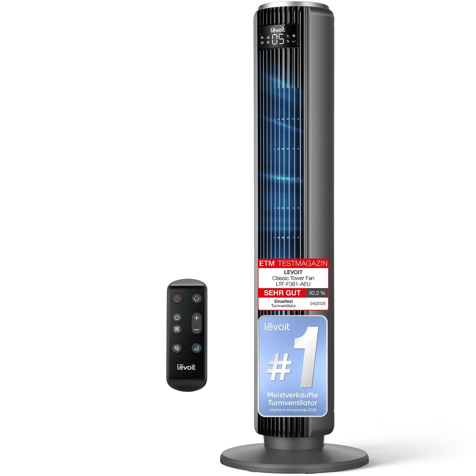 Levoit Turmventilator mit Fernbedienung, oszillierender Säulenventilator, 5 Geschwindigkeiten, 4 Modi, 12 Std Timer, 92 cm, Mattgrau