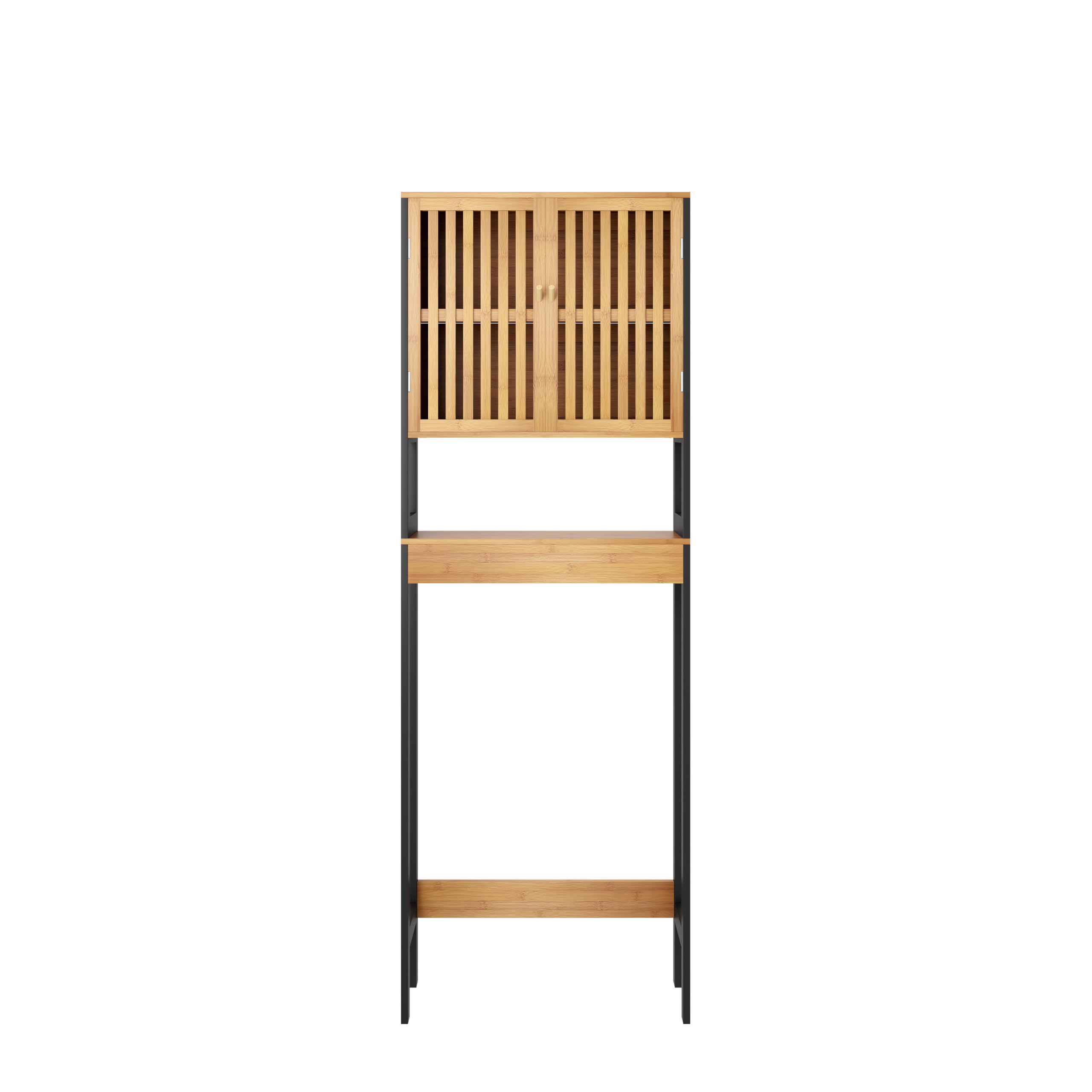 Meuble de WC/Étagère de Toilettes Salle de Bain Noir et Bois Naturel – Structure MDF + Bambou Véritable – Finition Bois Naturel – Idéal pour Toilettes, Gain de Place & Déco Zen