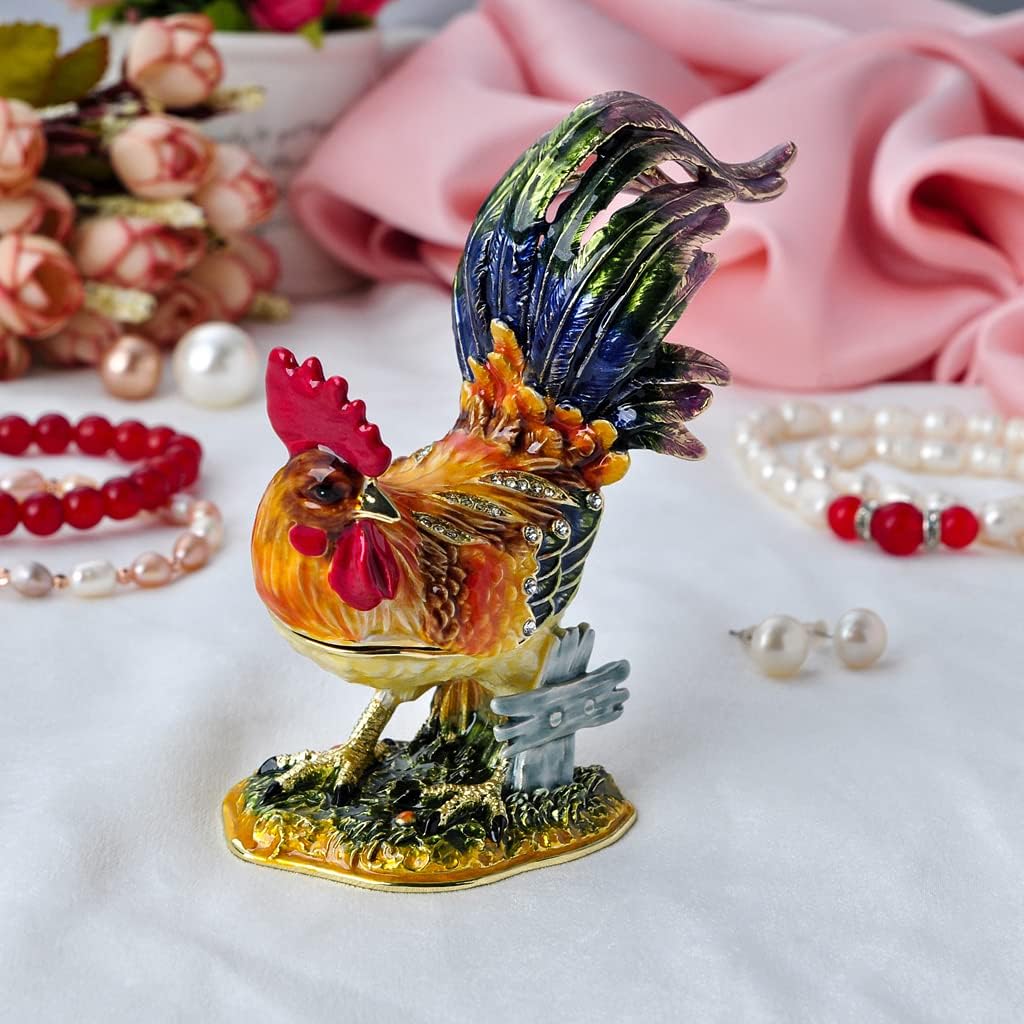 Chicken Trinket Box with Golden Crystal Enamel Design, Elegant Home Decor & Unique Gift for Animal Lovers, Farmhouse Style, or Seasonal Décor