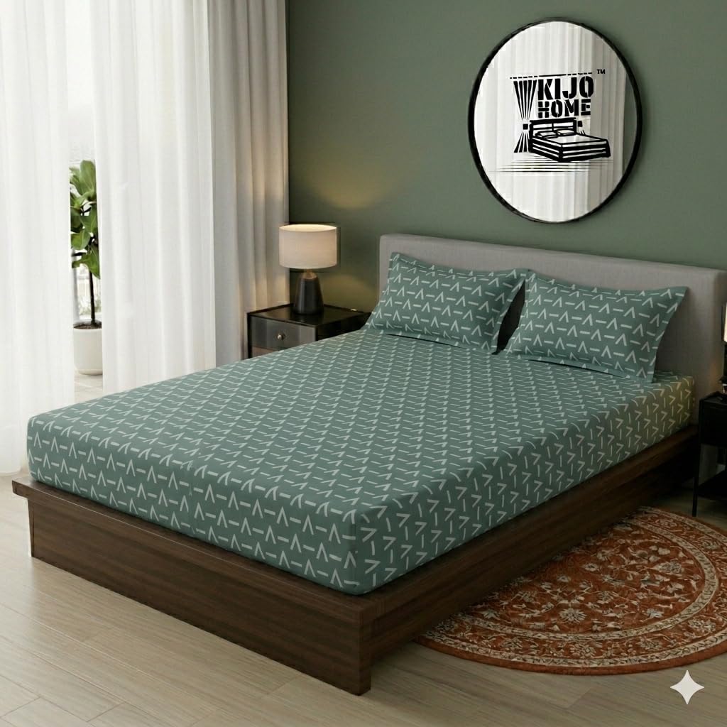 400 TC Supersoft Cotton Feel Glace Cotton Elastic Fitted Printed Queen Size Double Bed Bedsheet wih 2 Pillow Cover 90 x100 (Green Arrow)-image-49