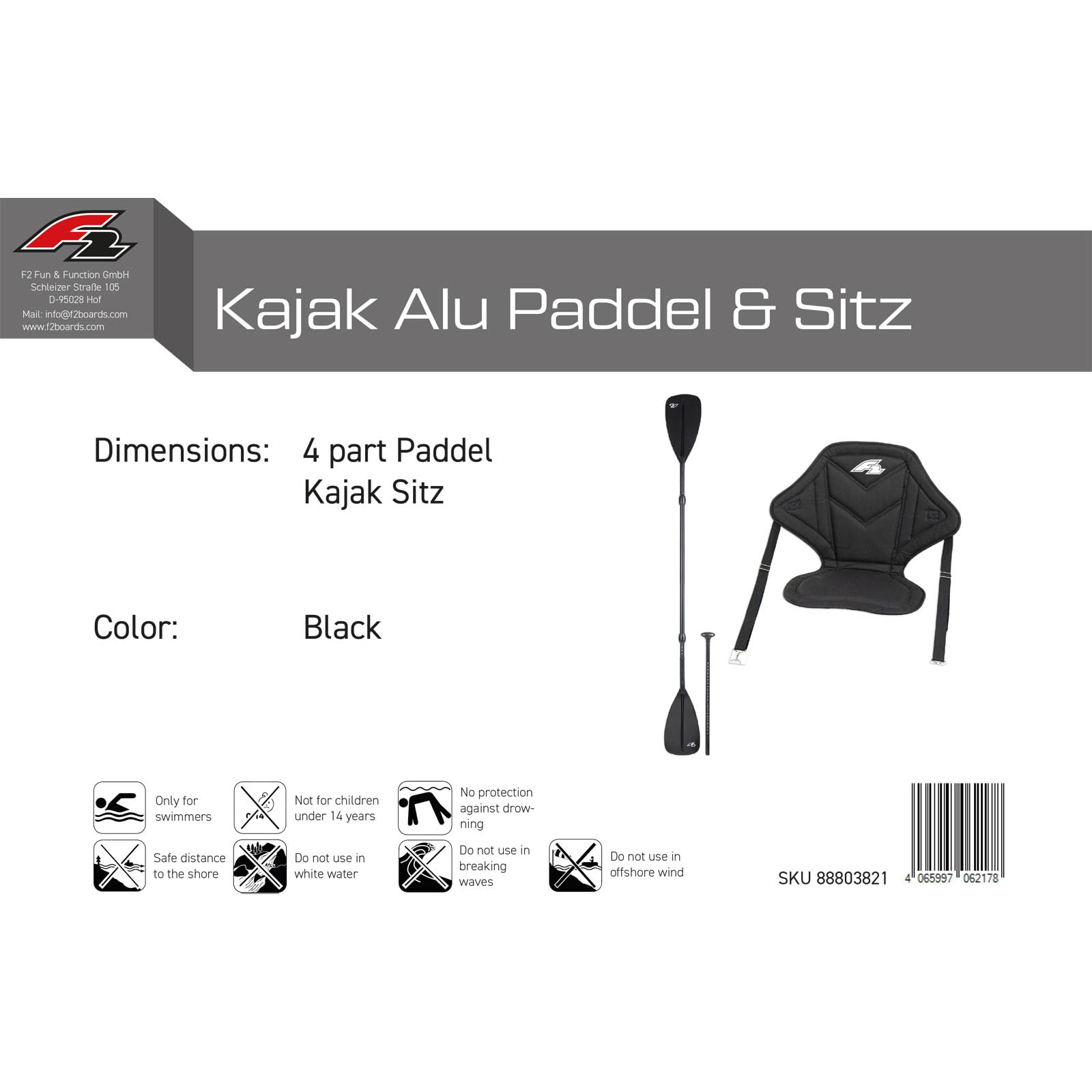 F2 Marken SUP Sitz Set aus Kajak Paddel Alu 4 teilig + bequemem Kajak Sitz 2025 Stand up Paddling Kayak Seat + Paddle