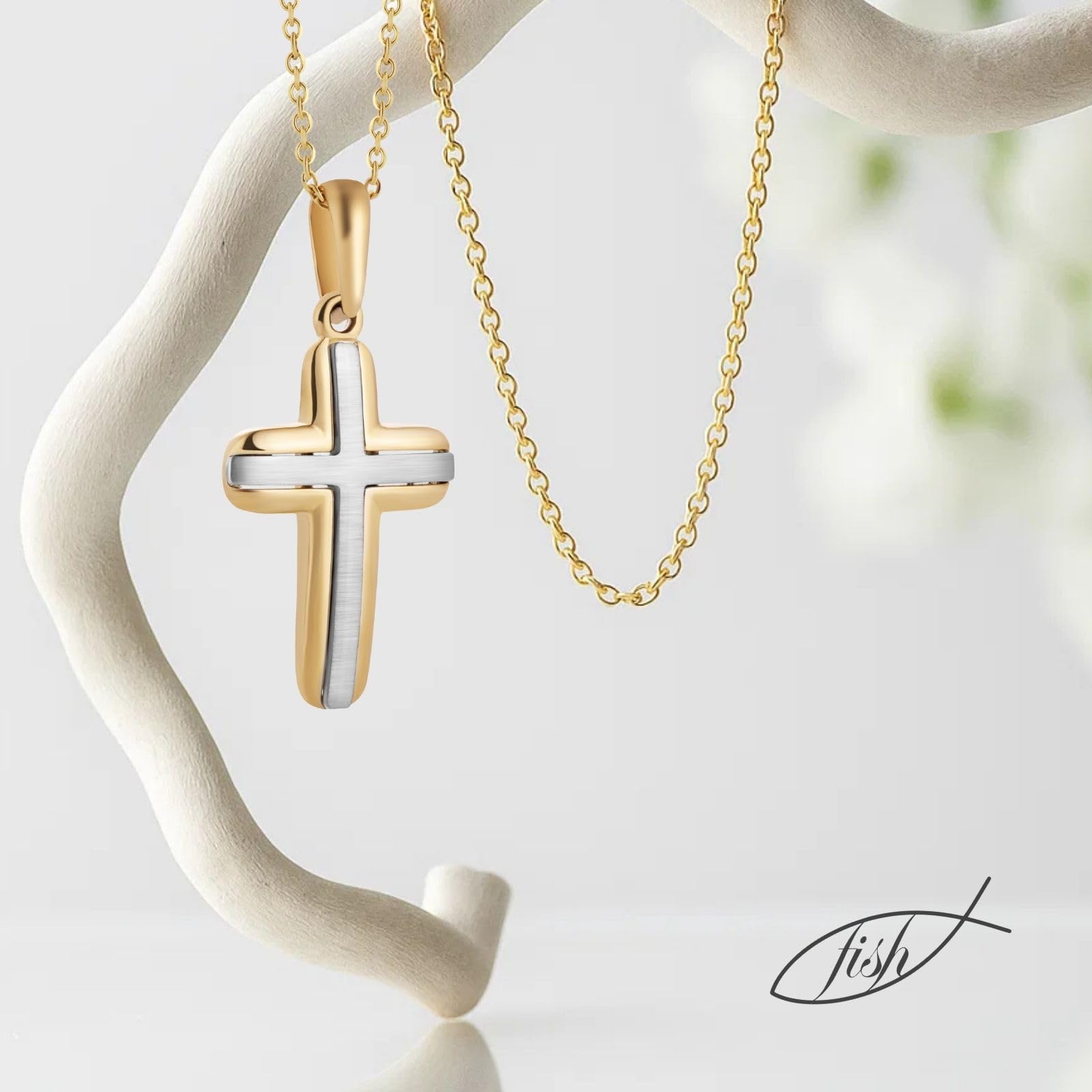 Collar Con Colgante De Cruz En 333 Oro Bicolor Para Niños