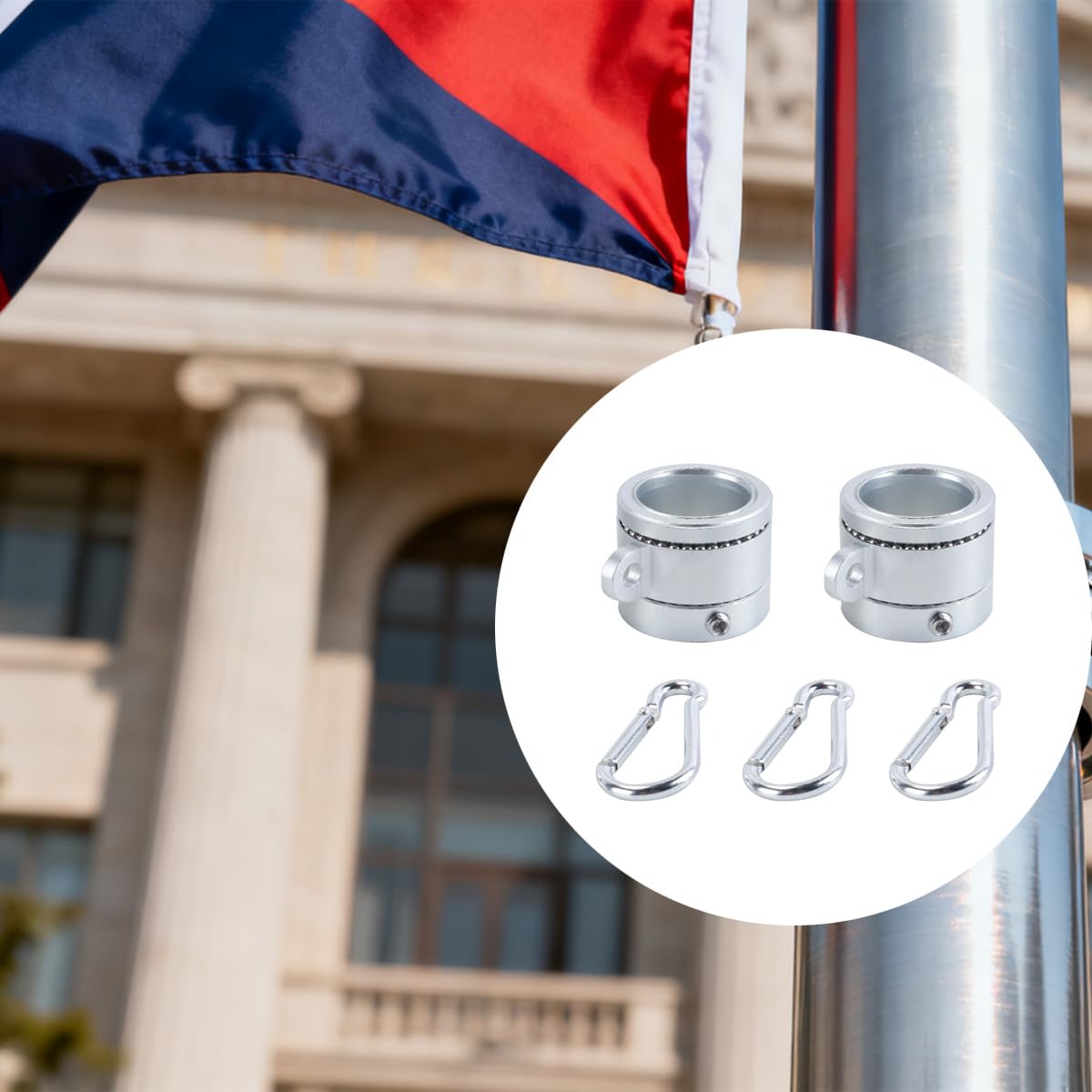 Zestaw 2 aluminiowych pierścieni do masztu flagowego z karabińczykami – obrotowych o 360 stopni, o regulowanej średnicy 1,4 cala