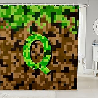 Miner Style Games Bathroom Curtain,Pixelated Letter Q Shower Curtain Set ,Girls Boys Adult Brown Green Square Grid Waterproof Curtains Modern Alphabet Bathroom Decor with 12 Hooks,72"W x 84"L