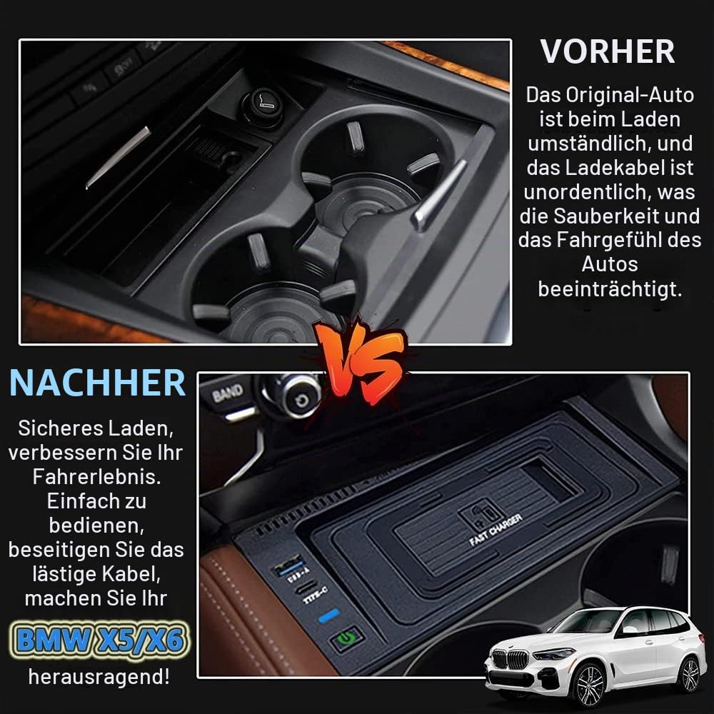 Kabelloses Ladegerät Auto für BMW X5/X6 2014-2018 Mittelkonsole-Zubehör, 15W Schnellladendes Handy-Ladegerät für BMW X5 F15/E70 2014-2018/X6 F16/E71 2015-2019, Geschenk für BMW-Besitzer