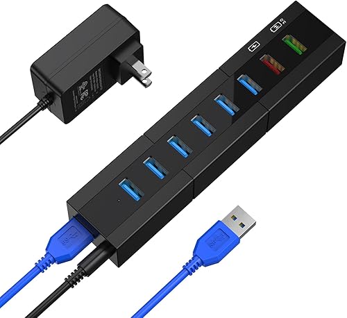 Miniatura 11 de Concentrador USB 3.0 alimentado, RAOYI 6 puertos USB 3.0 de alta velocidad con adaptador de corriente de 24 W, cable de 3.3 pies y cargador rápido
