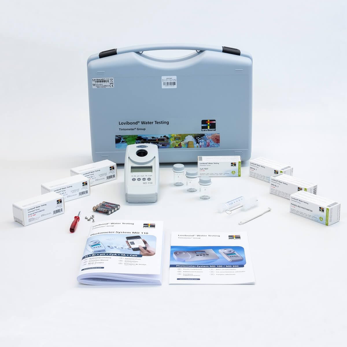 Lovibond - MD110 Pool Control 6 in 1 Photometer | Bluetooth, Waterproof | Chlorine, pH, Alkalinity, Calcium, Bromine, Cyanuric Acid Testing | Portable, Backlit Display | Swimming Pool pH Kit, Glass