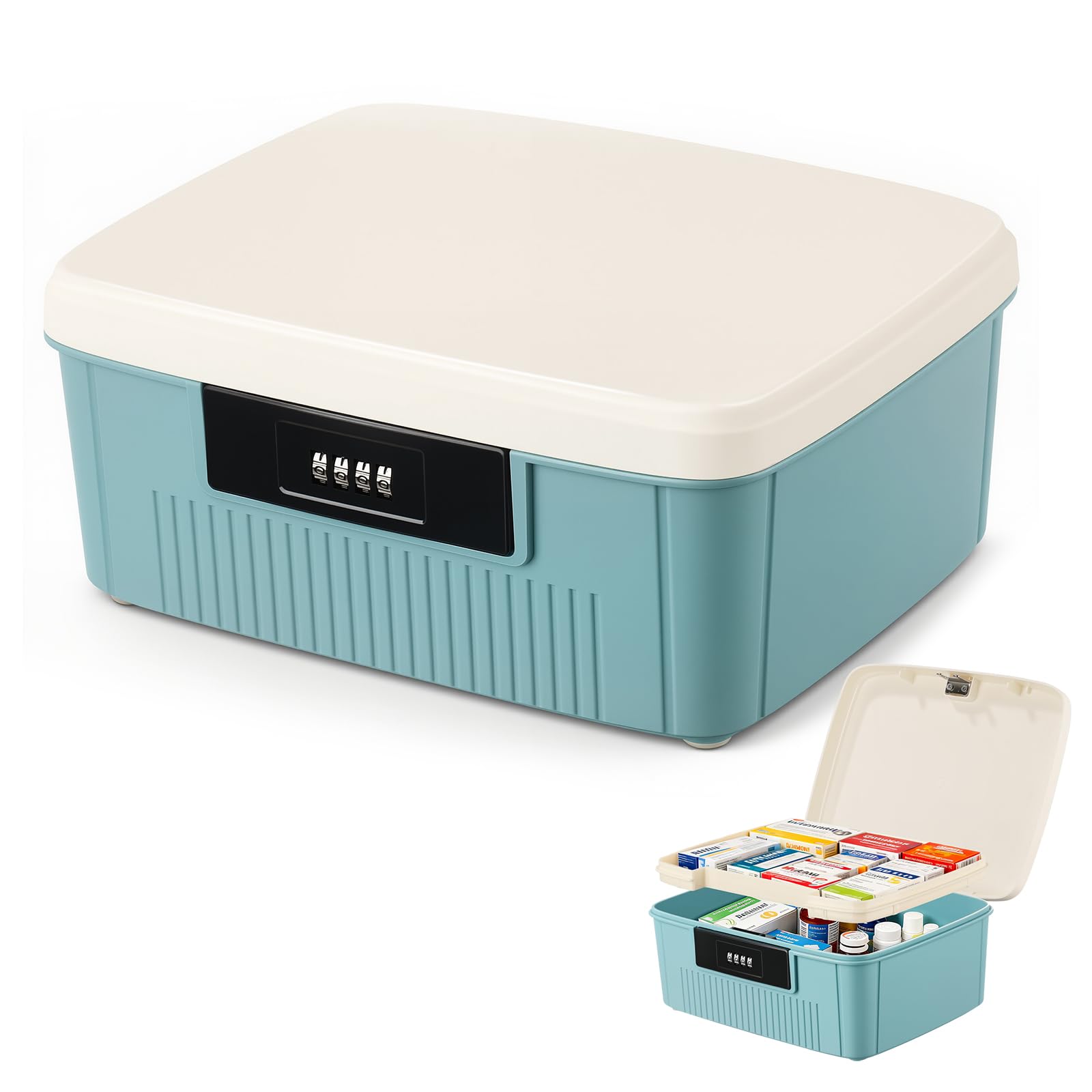 Yekolau Lockable Storage Box with Combination Code - Secure Document and ID Organiser, Waterproof Medication Case, Portable Food Safe Locking Box with Removable Tray for Home Office Travel - Blue