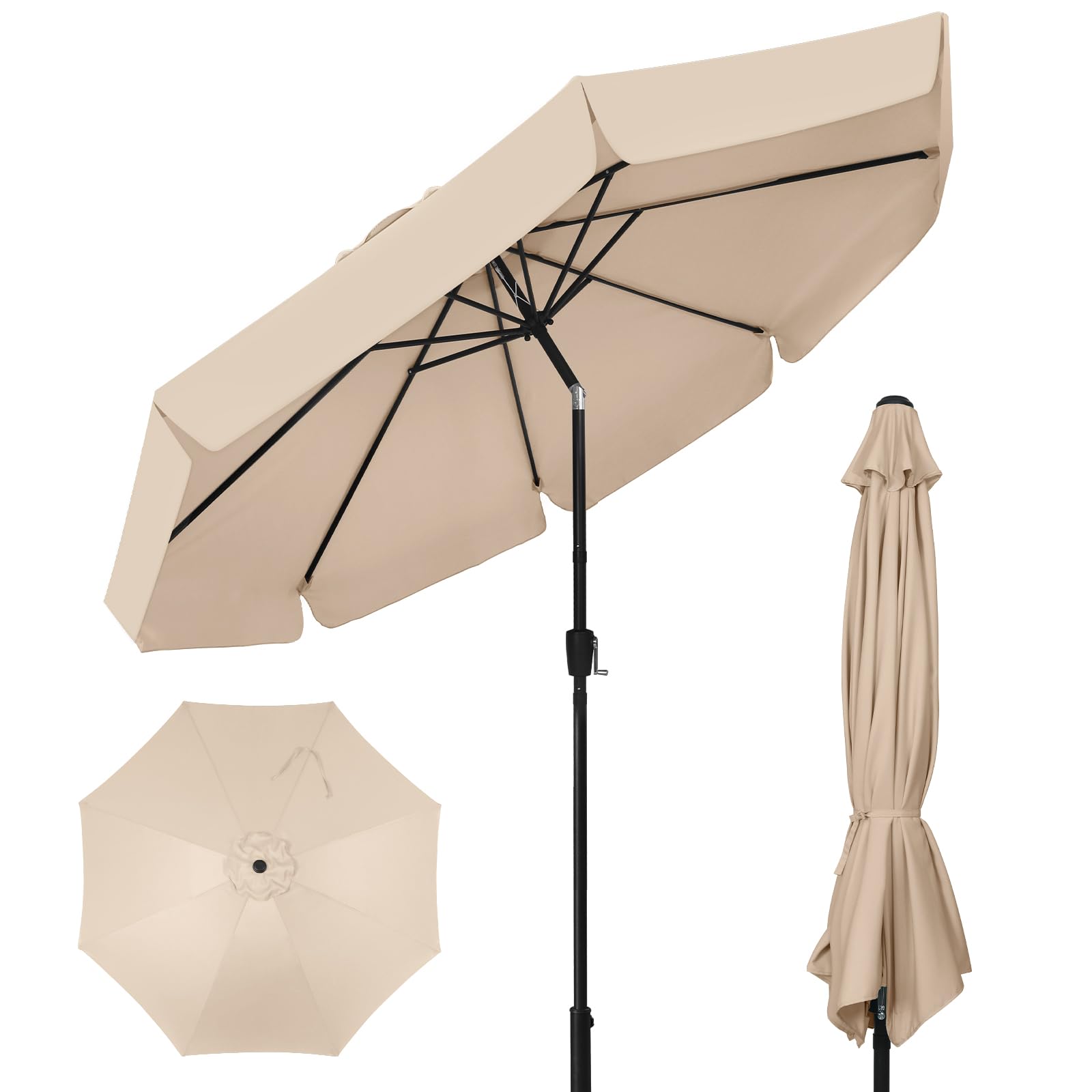 KioGro Sonnenschirm Balkon 300 cm Gartenschirm mit Kurbel Sonnenschutz UV-Schutz Wasserabweisend Marktschirm mit Volant Beidseitig Knickbar höhenverstellbar für Garten Terrasse Ohne Ständer