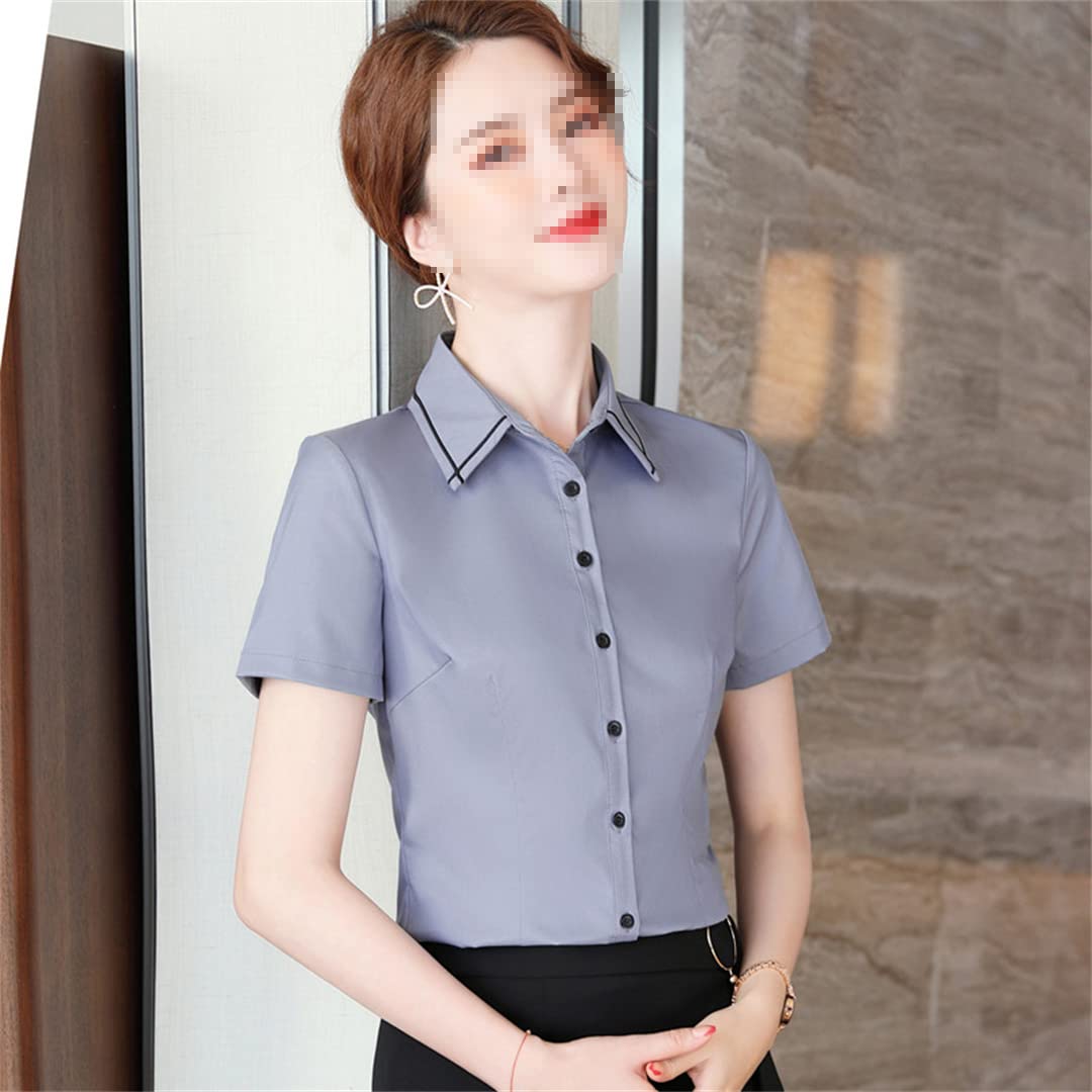 Camisa con Botones para Mujer, Blusa de Negocios con Cuello en V de Manga Corta para el Verano, Tops Formales Ajustados White XL