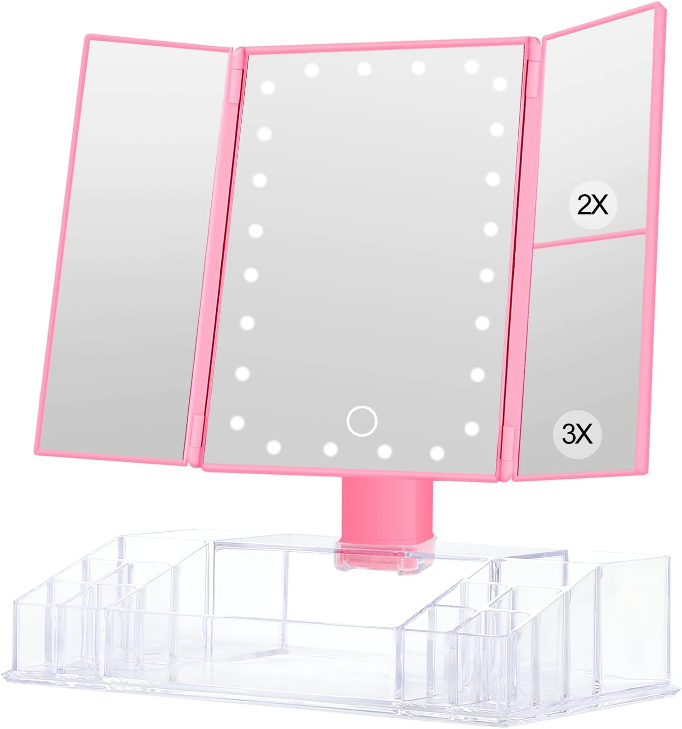 GULAURI Makeup Mirror - Lighted Makeup Mirror with Lights and Magnification, 3x/2x Magnifying, Tri-Fold Cosmetic Vanity Mirror with 24 LED Light and Storage, Touch Screen, 180 Degree Adjustable, Pink