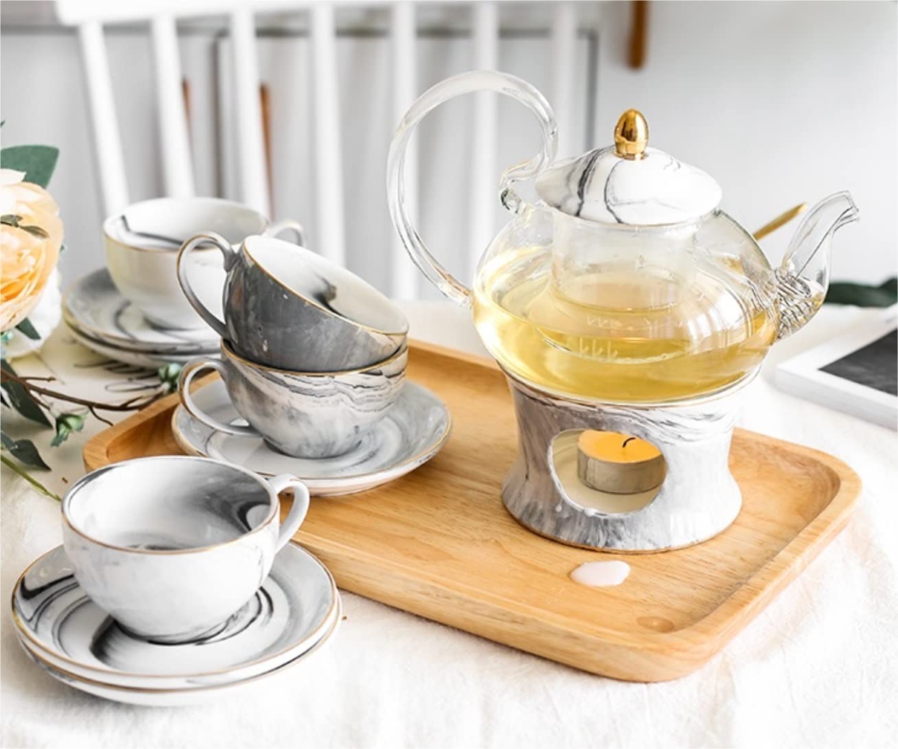 Zestaw Herbaty Nordic Luksusowy Ceramiczny Zestaw Do Herbaty Podwieczorku Porcelanowa Świeca Ogrzewanie Szklany Czajniczek Kubki Spodek Uchwytów Na Dzbanek do Filiżanki(Gray)