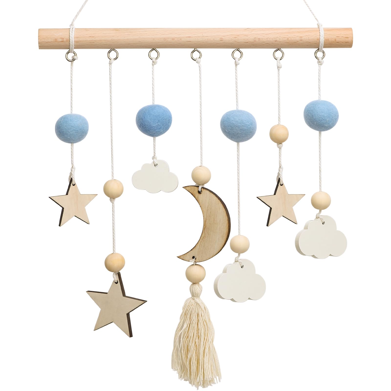 Boho Baby Nursery Decor - Handmade Wooden Moon and Star Wall Hanging Decor Boho Baby Mobile for Crib for Baby Nursery Bedroom - Felt Moon Stars Bed Hanger for Infant Newborn Boys Girls