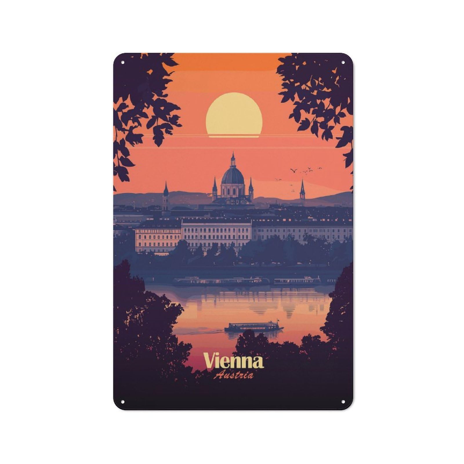 Country Country Metal Sign 30x20cm Featuring Vienna Sunset Cityscape, Rustic Kitchen Decor for Cottage, Kitchen, Hallway Or Breakfast Nook