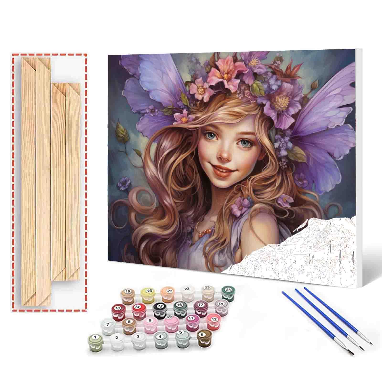 Purple Angel DIY Painting by Number for Beginner Delicate Dolls with Wreath Paint by Numbers on Canvas Easy to Paint Artwork with Brushes and Paints for Home Decor 16x20inch (DIY Frame)