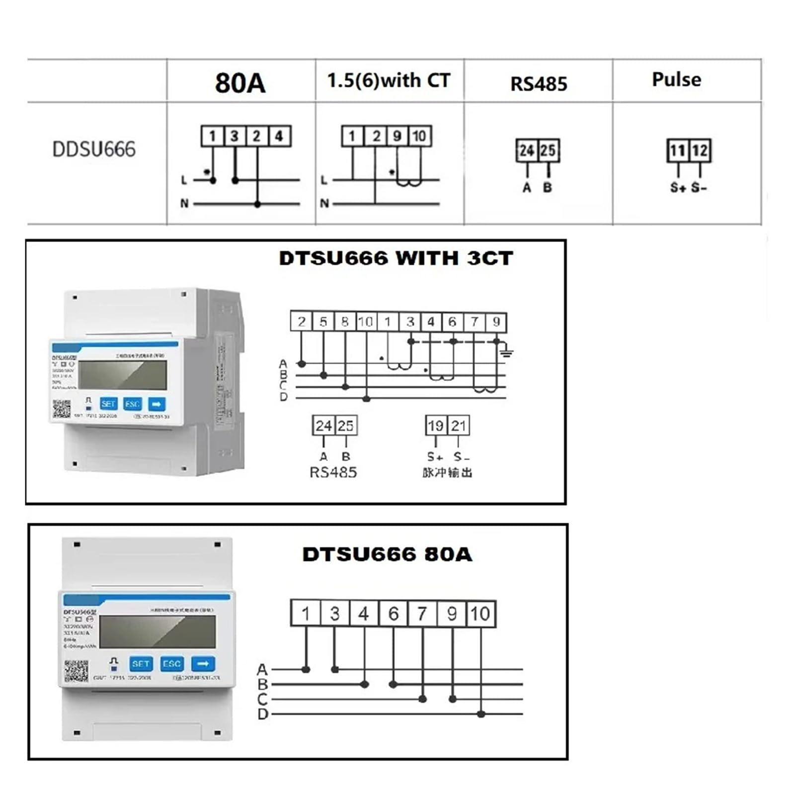 contatore Elettrico DDSU666 DTSU666 80A DIN Rail Voltmetro Digitale Corrente Potenza Energia elettrica KWH Misuratore Volt Amp RS485 AC 230V 380V(DTSU 3CT100A)