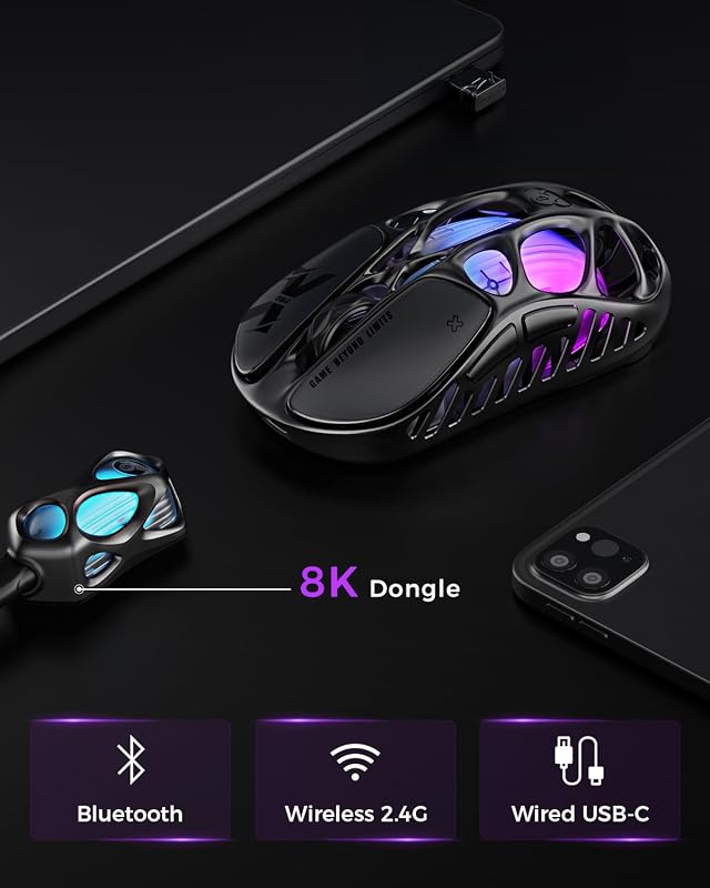 GravaStar Mercury X Pro 49g Wireless Gaming Egér 8K Dongle, 32000 DPI PAW3950 Szenzor, 8000Hz Polling