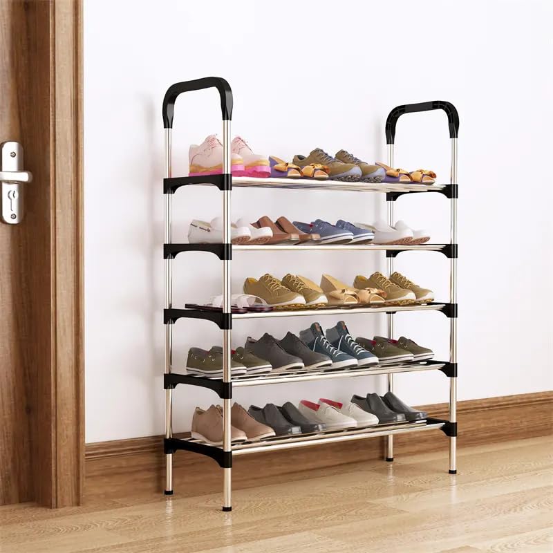 Image of 5 -Tier Shoe Rack for Closet, Entryway, or Bedroom - Large Capacity Tall Shoe Organizer Storage Shelf Holds 30 + Pairs Space Saving Freestanding Metal Shoe Stand with Steel Pipes & Plastic Connectors,