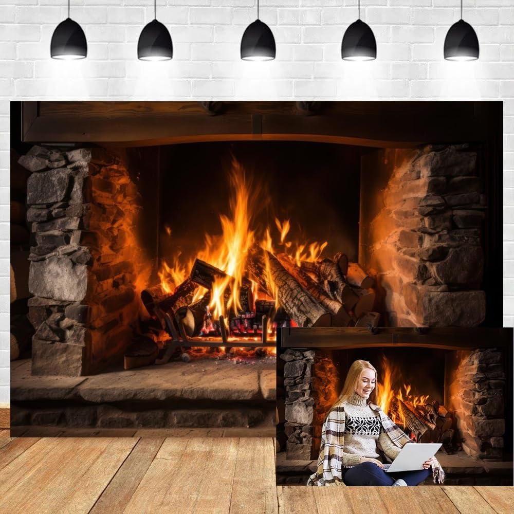 5x3ft Burning Fireplace Backdrop Vintage Brick Stone Fireplace Burning Firewoods Photography Background Christmas Party Living Room Decoration Supplies Winter Holiday Photo Booth Props