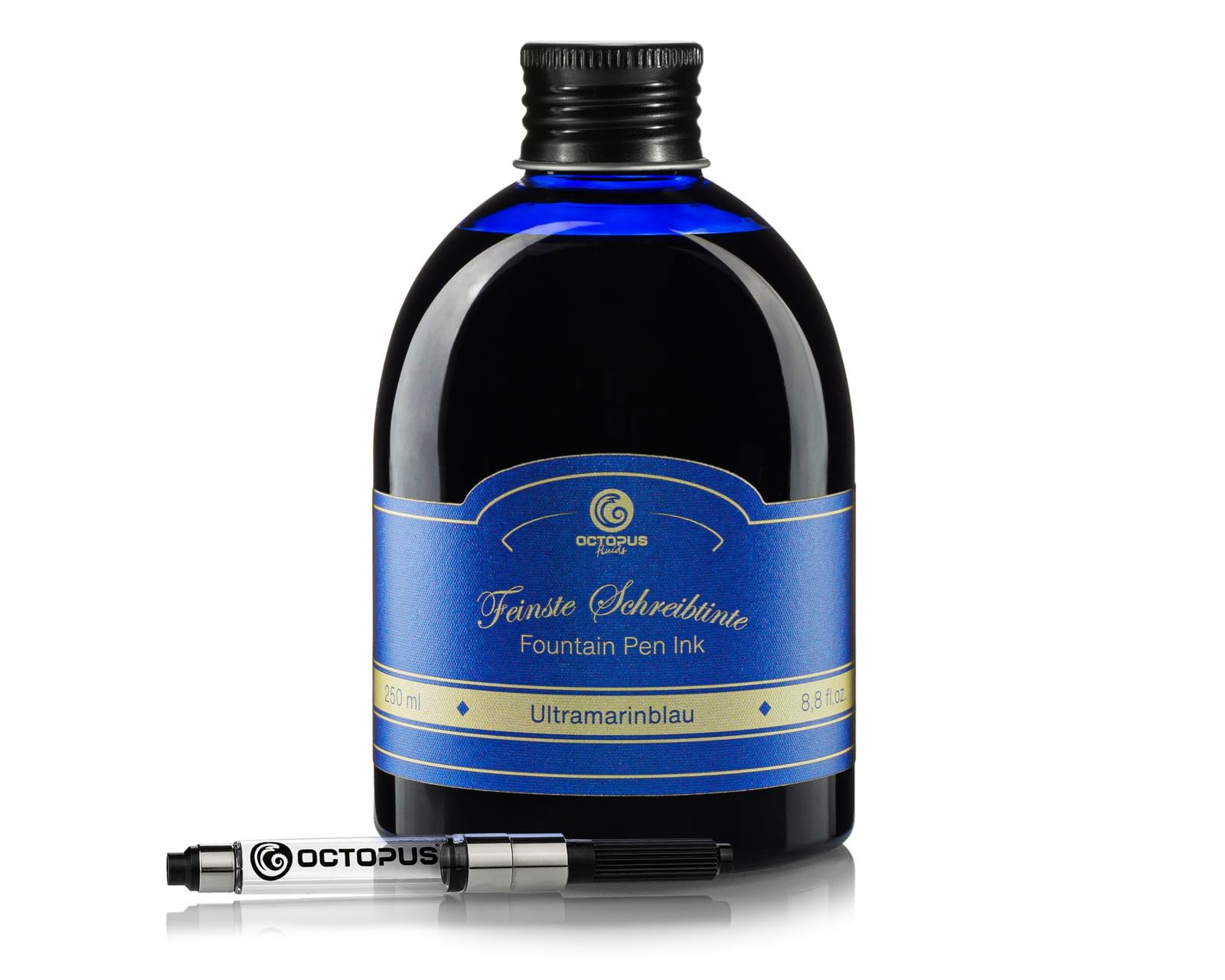 Octopus Fluids Klassik - Tinta para pluma estilográfica, color azul ultramar, set con botella de recarga de 250 ml y convertidor de tinta, tinta de escritura de alta calidad para plumas estilográficas