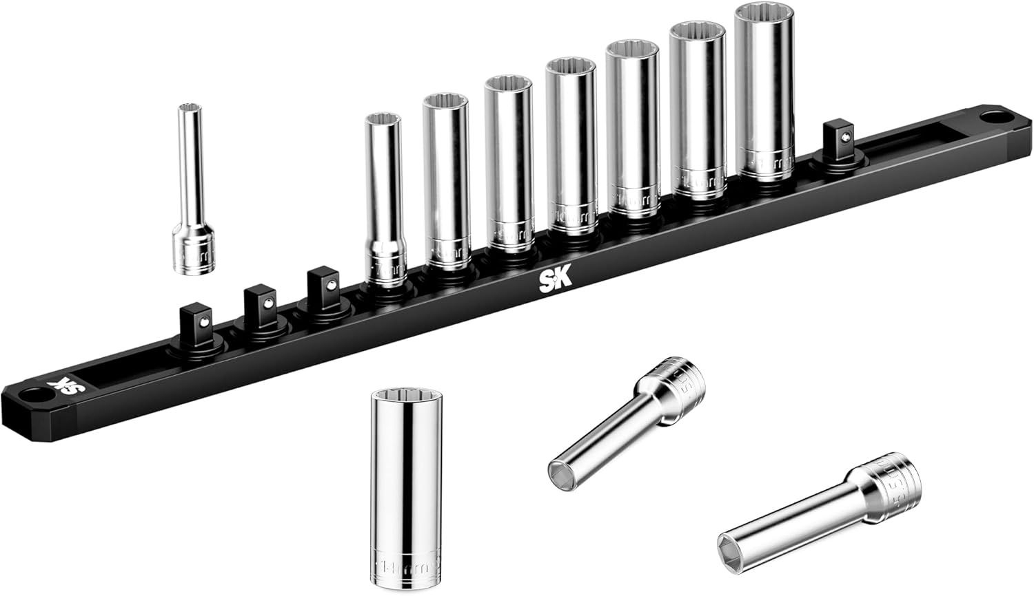 SK Tools USA 1/4" Drive Socket Set, Deep Metric Sockets, 11-Piece 5-14mm, SuperKrome Finish, Premium CR-V Construction, 12 Point, with Storage Rail
