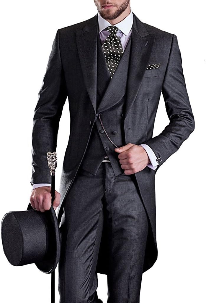 QZI Men's Tailcoat Suit Slim Fit Peak Lapel One Button Three Piece Set