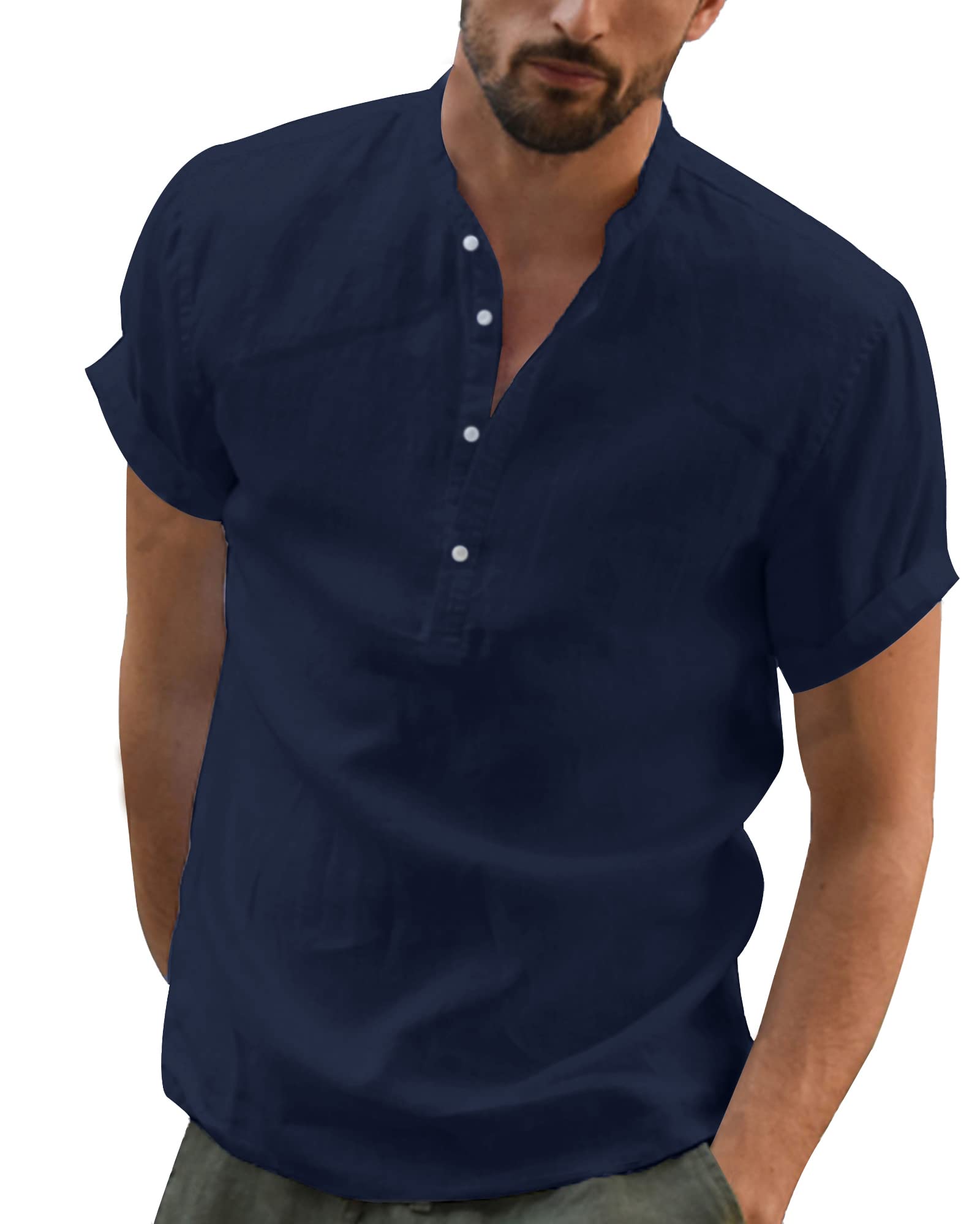 YAOBAOLE Camisa de lino de manga corta con cuello Mao Camisa de verano para hombre ligero de algodón y lino Camisa de playa clásica casual Henley Shirt
