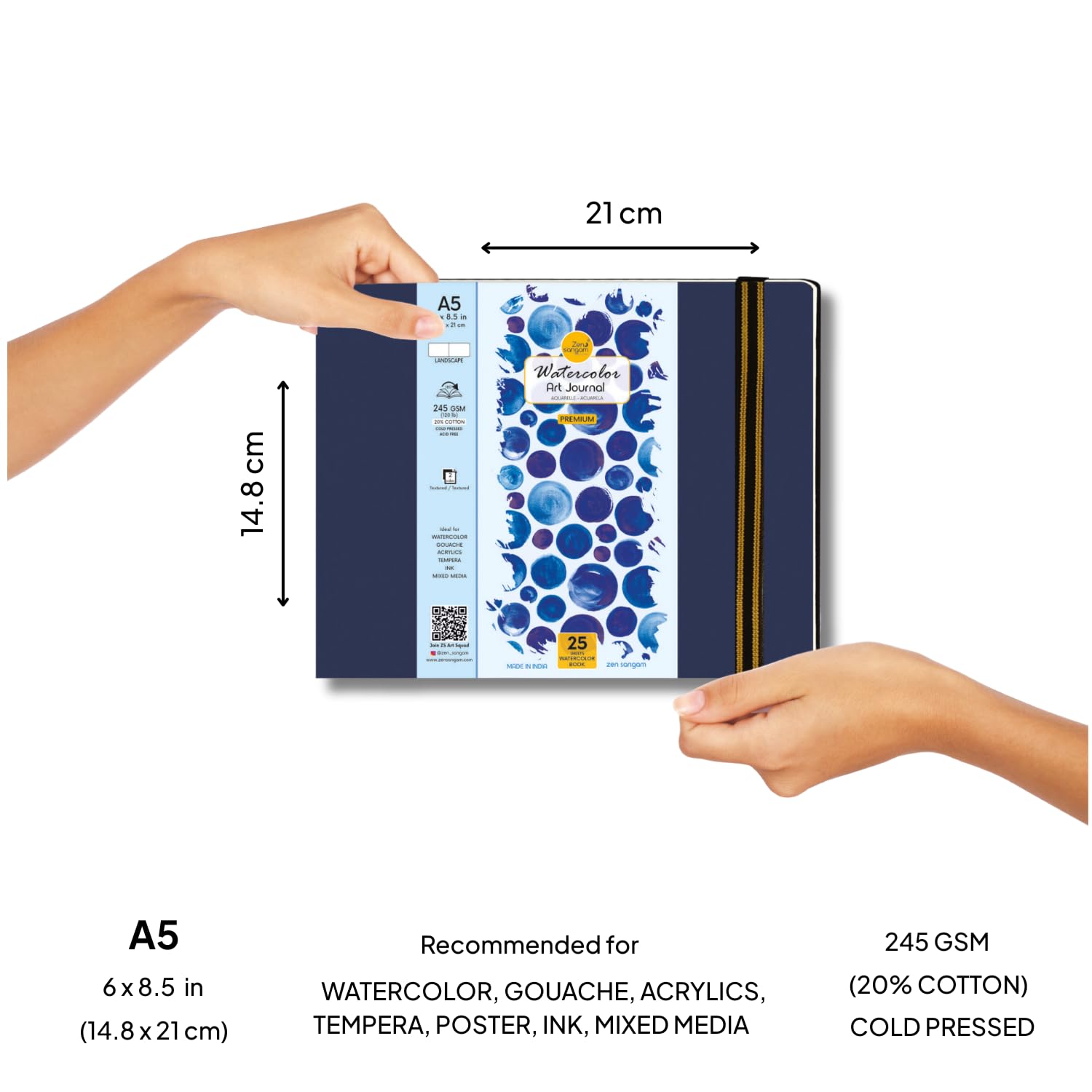 Zen Sangam A5 Akwarelowy dziennik artystów - 25 arkuszy (50 stron) - 245 g/m20% bawełna papier akwarelowy tłoczony na zimno - książka akwarelowa (krajobraz) - niebieski