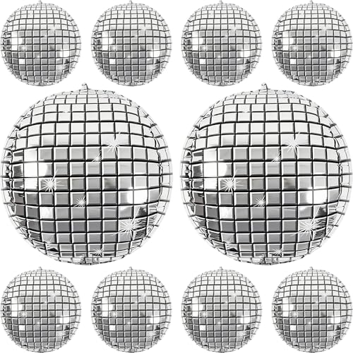 Image of 10 Pcs Disco Ball Balloons 32 /10 4D Ball Balloons Metallic Silver Disco Mylar Balloon Chrome for Birthday Bachelorette 70s 80s 90s Themed Graduation Retro New Year Eve Prom Party Decorations