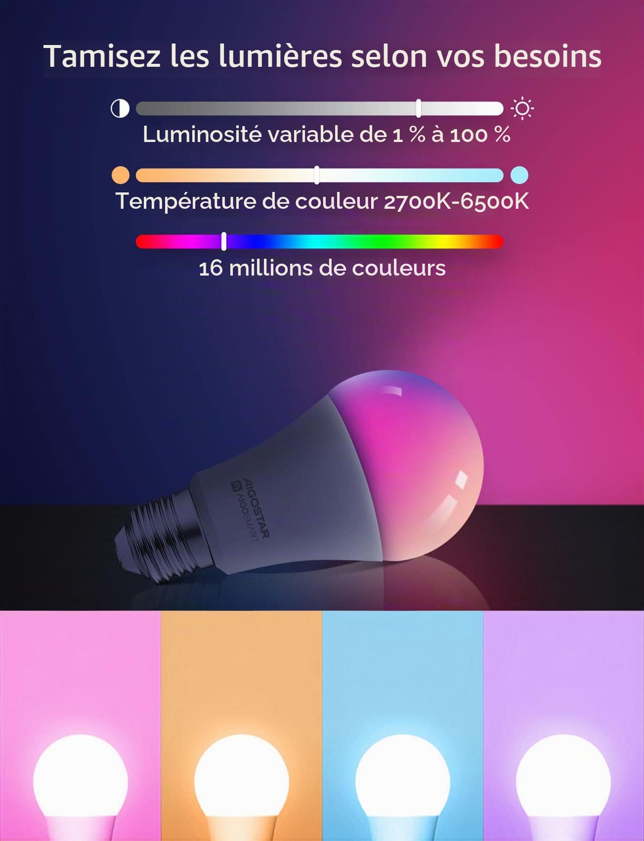 Aigostar Ampoule Connectée Wifi E27 SL2 9W LED Ampoule Connectée Alexa RGB/2700K-6500K, Compatible Avec Alexa/Google Home, Synchroniser avec la musique, Pas Besoin de Hub, 6 PCS
