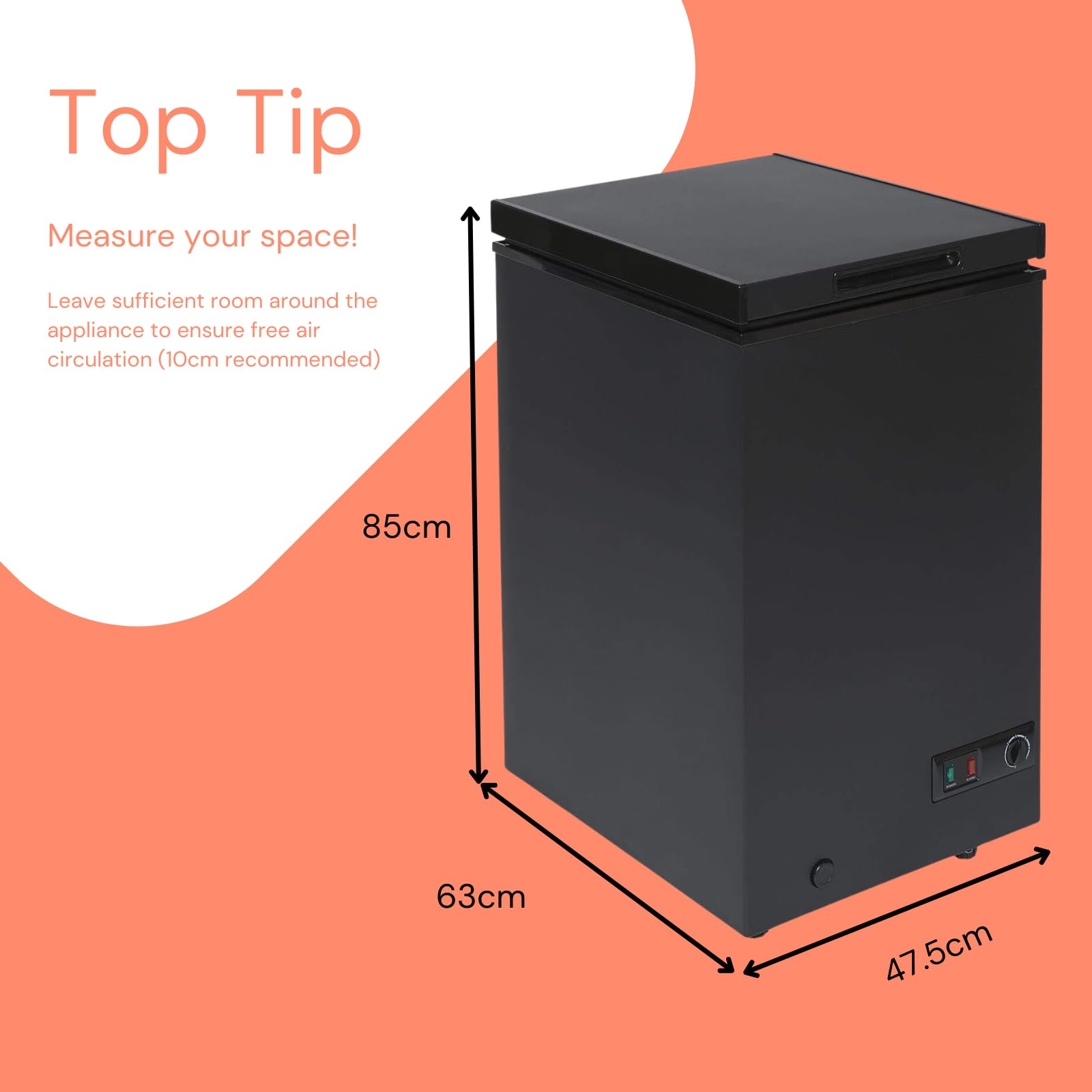 SIA CHF100BL Black Chest Freezer with Removable Wire Basket, 80L Freestanding Freezer, 48cm Wide, Adjustable Temperature Control, E Rated, 2 Years Parts And Labour Guarantee — view 7