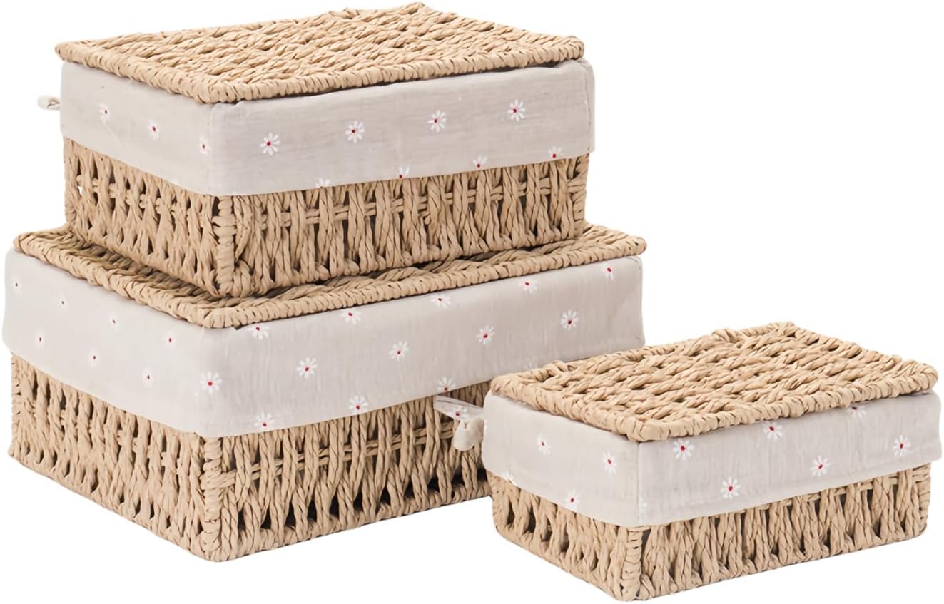 Small Wicker Baskets with Lids Liner Set of 3 Size, Paper Rope Woven Decorative Cute Nesting Storage Baskets for Shelves, Rectangular Container Bins for Table Snacks Gifts Makeup Organizer, Beige