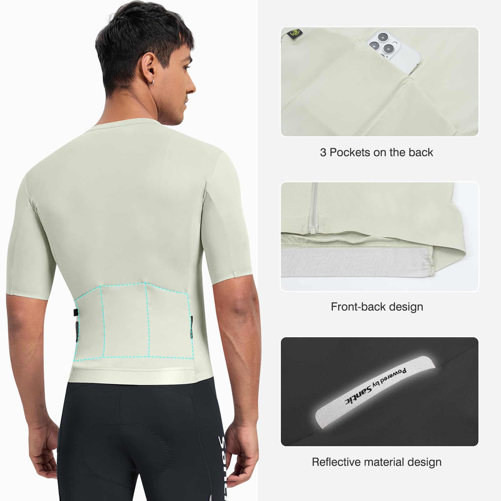 Santic Herren-Fahrradtrikot, kurzärmelig, mit durchgehendem Reißverschluss, UPF 50+, Fahrradtrikot mit Taschen