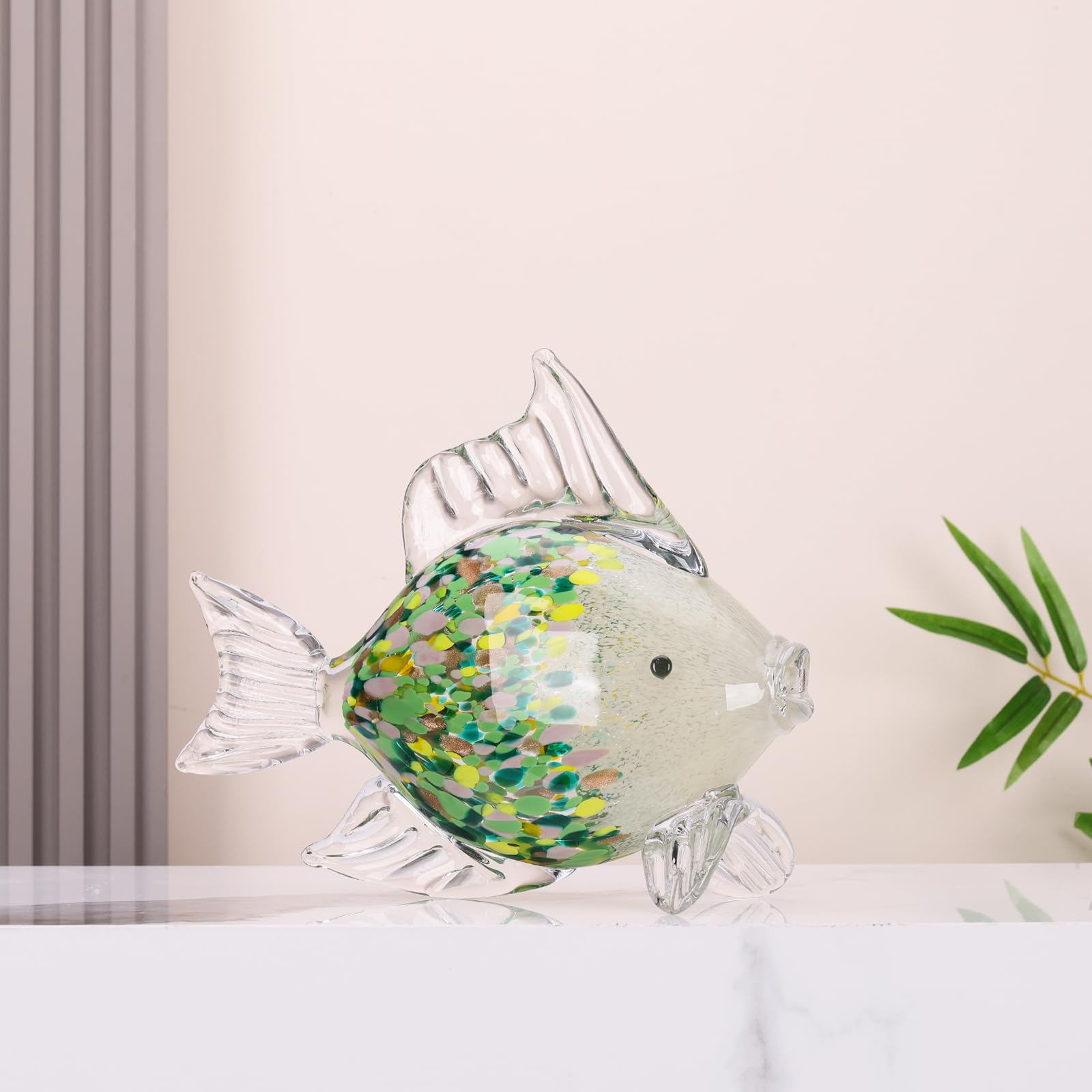 Figuras grandes de peces de vidrio soplado a mano, decoración de peces de cristal tropical, arte de cristal de mar, escultura de estatua de pez verde esmeralda, decoración moderna para el hogar, para