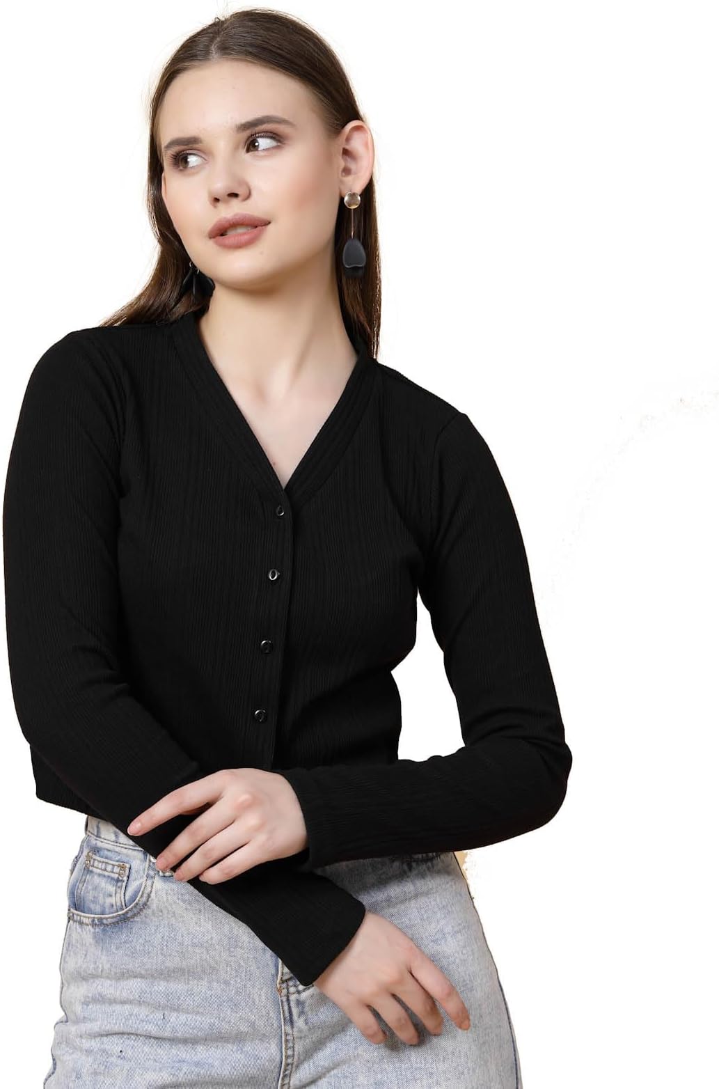 RigoCasual Wear V Neck Rib Knit Top for Women | Slim Fit Long Sleeves Western Tops for Women