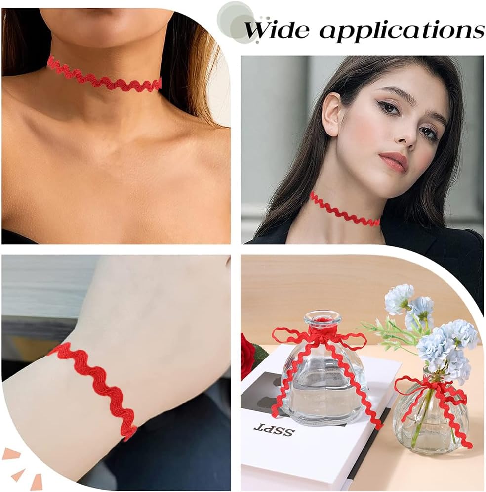 GORGECRAFT 54.6Yds/50m RIC Rac Trim Ribbon Red Wave Bending Fringe Trim 0.2"/5mm Woven Braided Webbing Edge Lace for Christmas Sewing Crafts Dress Embellishment Wedding Party Gift Wrapping Bows Decor