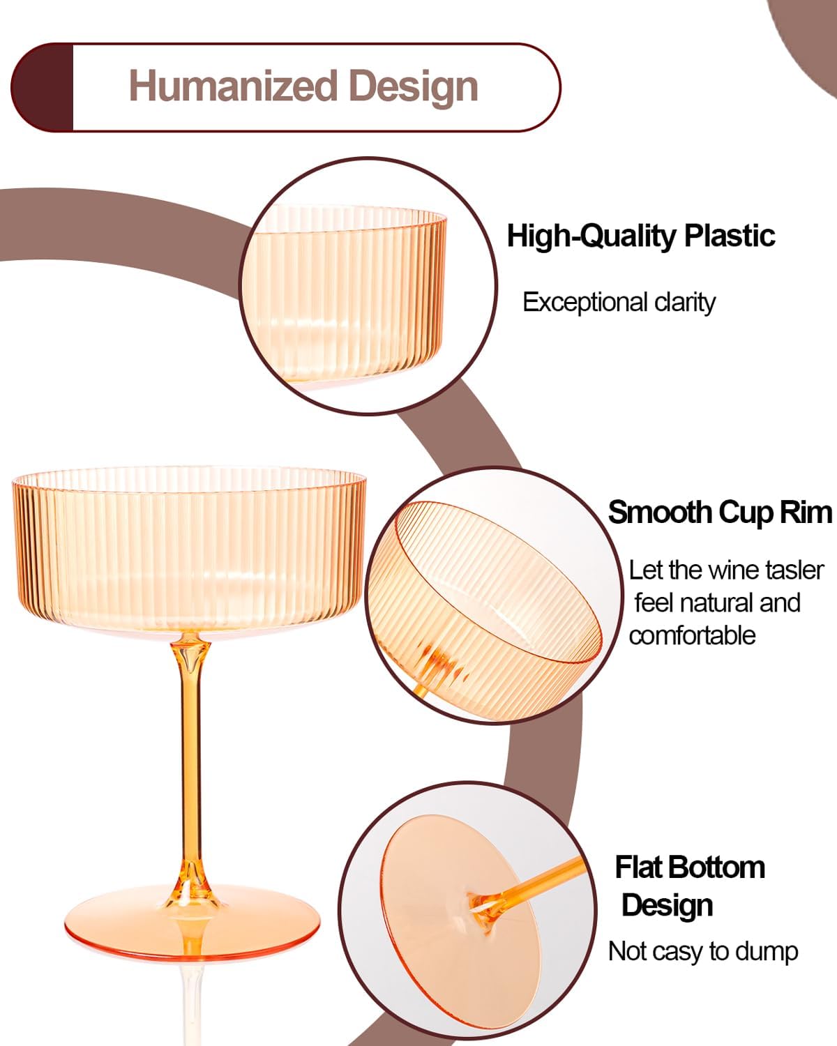 Ciaell 12PCS Plastic Ribbed Martini Glasses - 10 Oz Amber Disposable Coupe Glasses with Stem - Heavy Duty Margarita Cups for Bars, Cocktails, Whiskey, Parties & Wedding