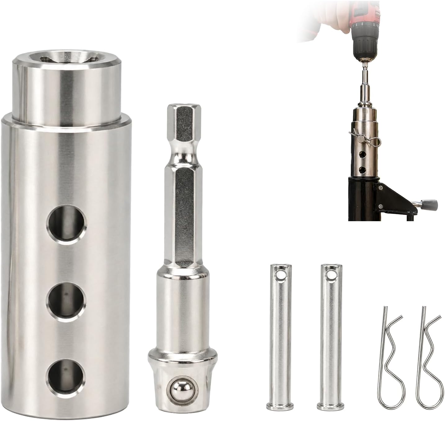 Trailer Jack Drill Adapter, 1 Inch Jack Drive Shaft Compatible, Stainless Steel Trailer Jack Adapter Kit with 1/2 Inch Drive Socket, 2-Model for Cordless Drill or Wrench, Fits RV Dump Truck Trailer