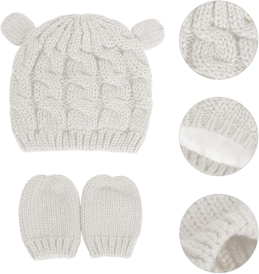 White Wool Knitted Beanie Hat and Gloves Set, Warm and Comfortable Winter Accessories, Classic Knitting Style, Gift for Autumn and Winter